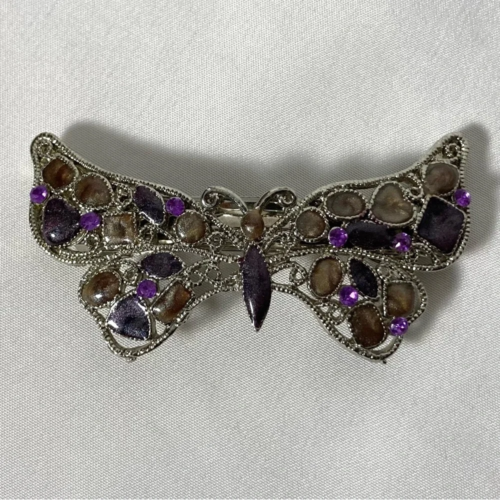 Metal Silver Curlicue Butterfly Barrette with Purple and Brown Glittery Stones - Picture 5 of 9
